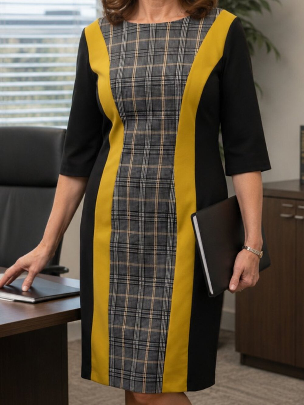 Women’s Black & Mustard Plaid Color Block Shift Dress – 3/4 Sleeve Office Career